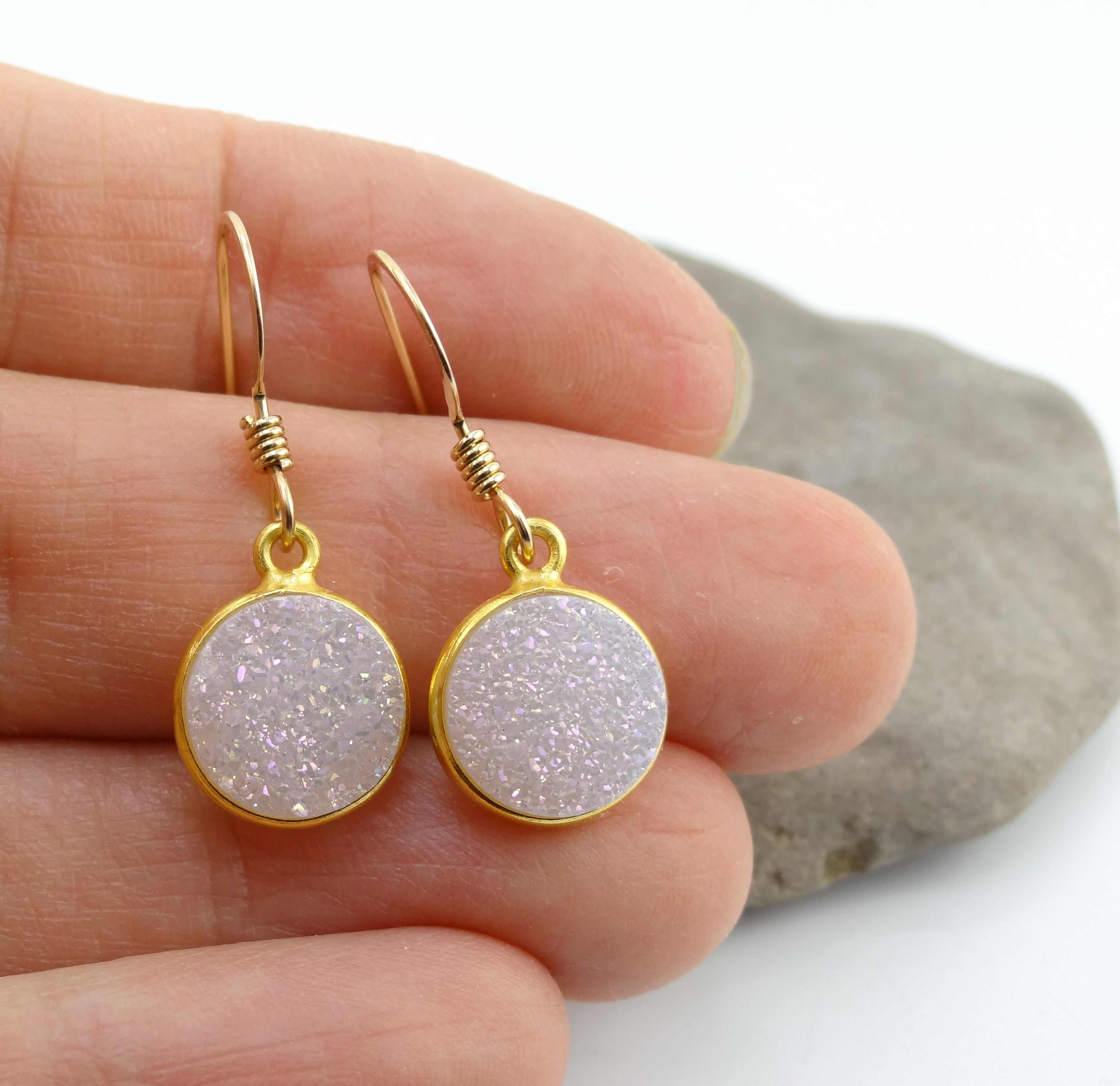Round Druzy Earrings Iridescent Opal With Gold Trim