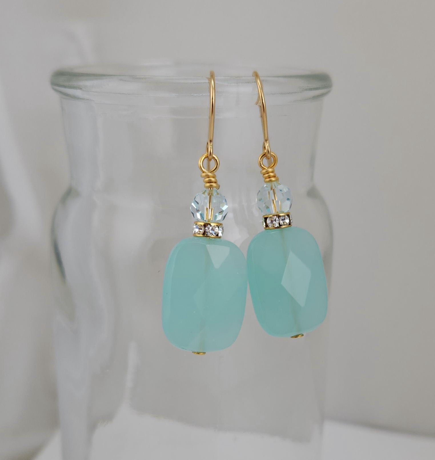 Seafoam Faceted Glass Rectangle, Rhinestone, and Crystal Earrings