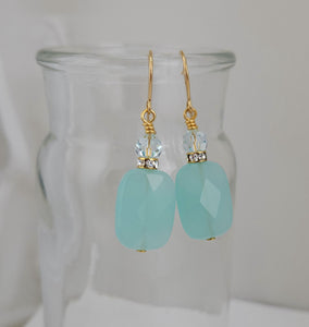 Seafoam Faceted Glass Rectangle, Rhinestone, and Crystal Earrings
