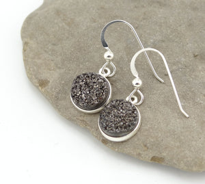 Round Druzy Earrings Gunmetal With Sterling Silver Trim