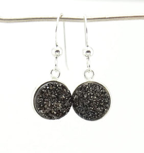 Round Druzy Earrings Gunmetal With Sterling Silver Trim