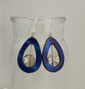 As Seen on Home Economics Blue Shell Teardrop & Etched Silver Earrings