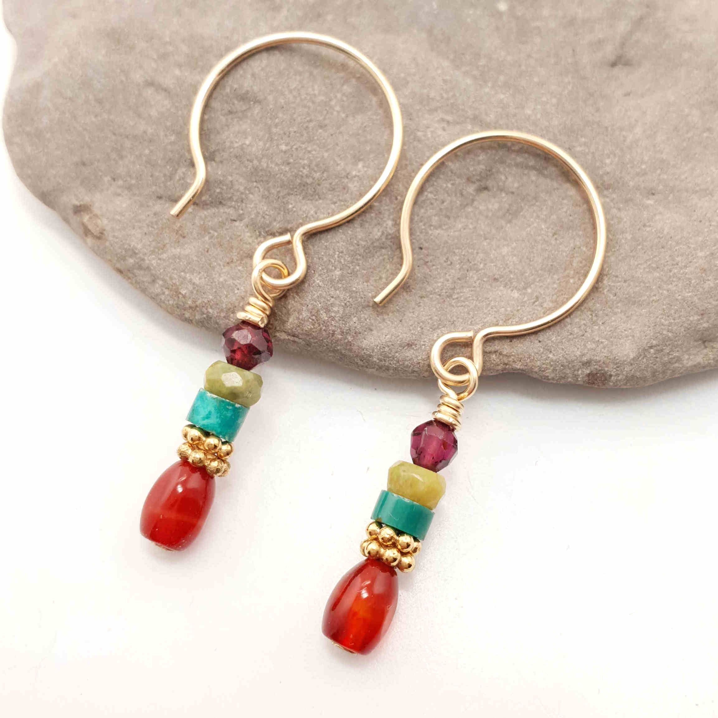 Garnet, Jade, Turquoise, and Carnelian Earrings