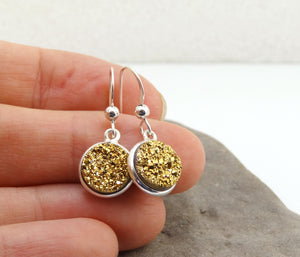 Sparkly Round Druzy Earrings Gold With Silver Trim
