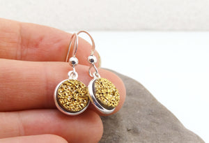 Sparkly Round Druzy Earrings Gold With Silver Trim
