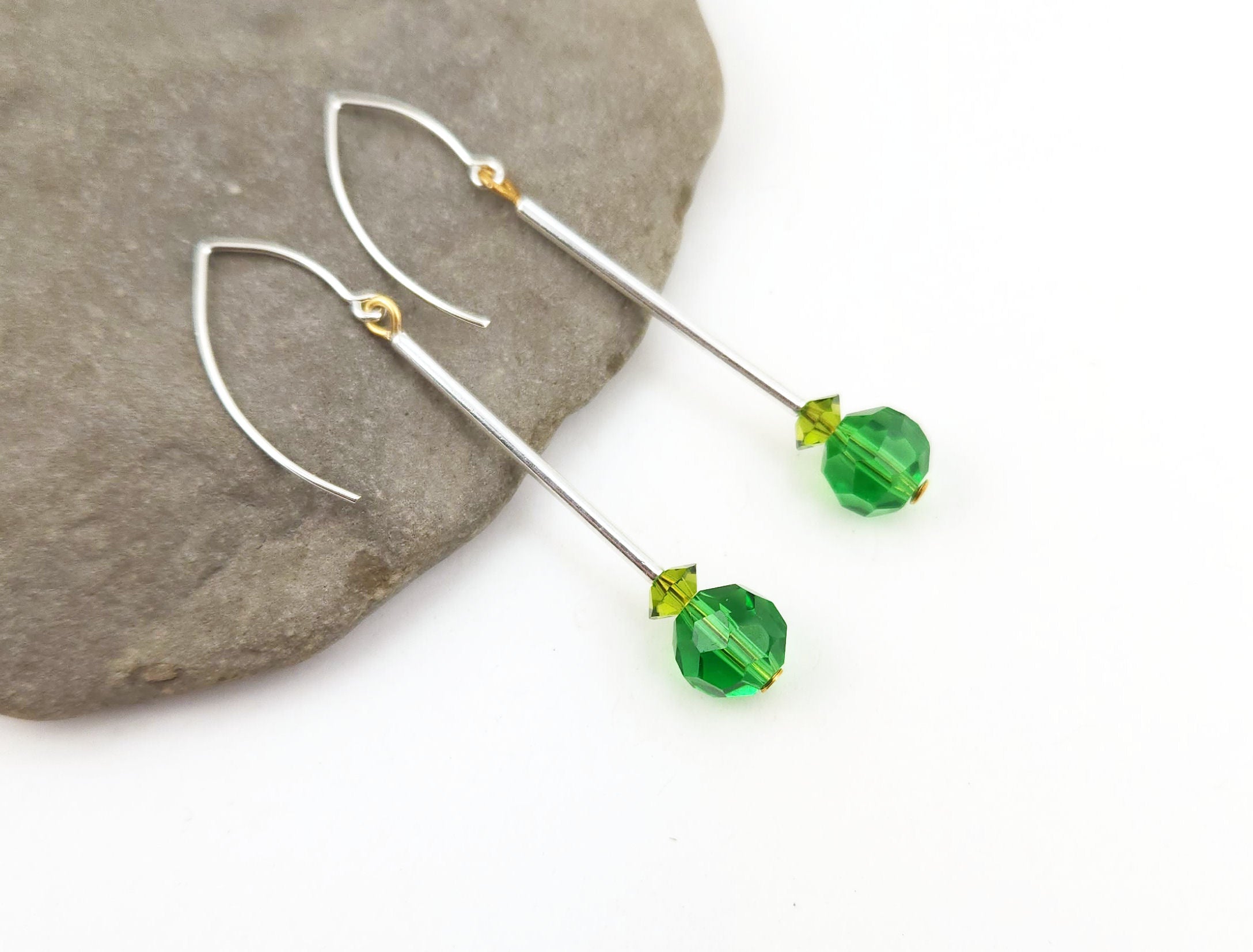 Minimalist Green Crystal and Sterling Silver Dangle Earrings