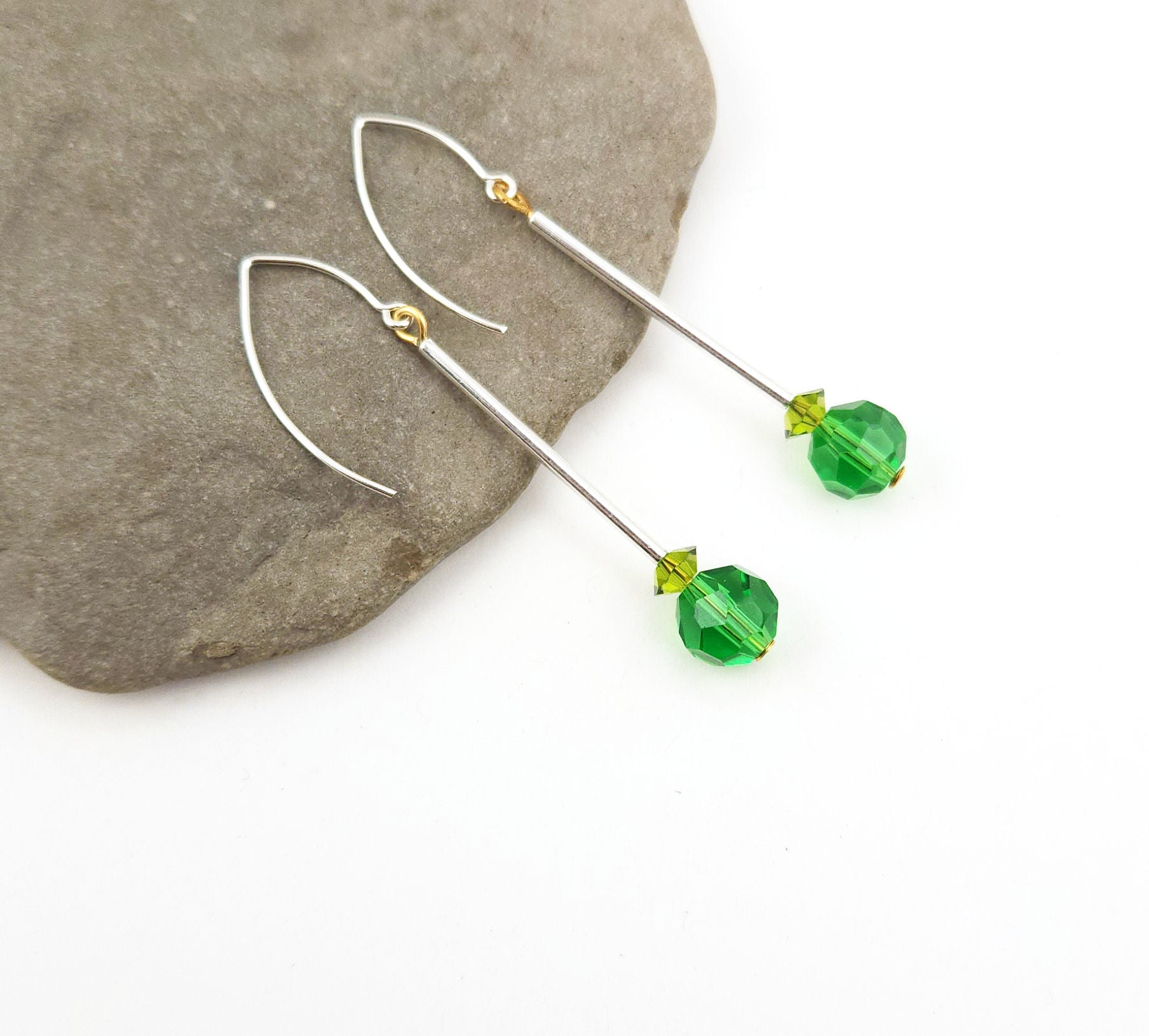 Minimalist Green Crystal and Sterling Silver Dangle Earrings