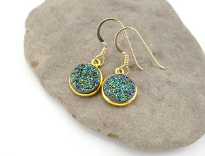 Round Druzy Earrings Iridescent Green With Gold Trim