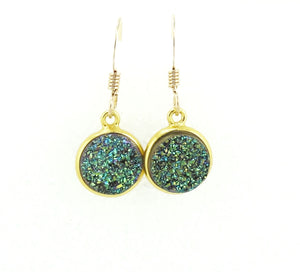 Round Druzy Earrings Iridescent Green With Gold Trim