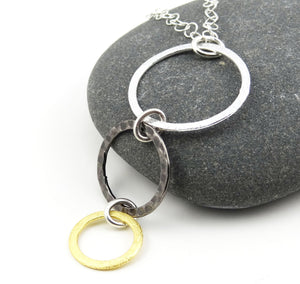 Mixed Metal #2 - Silver, Steel & Gold Triple Ring Necklace
