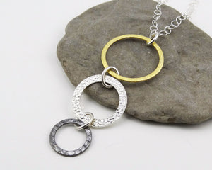 Mixed Metal - Gold, Silver, & Steel Triple Ring Necklace