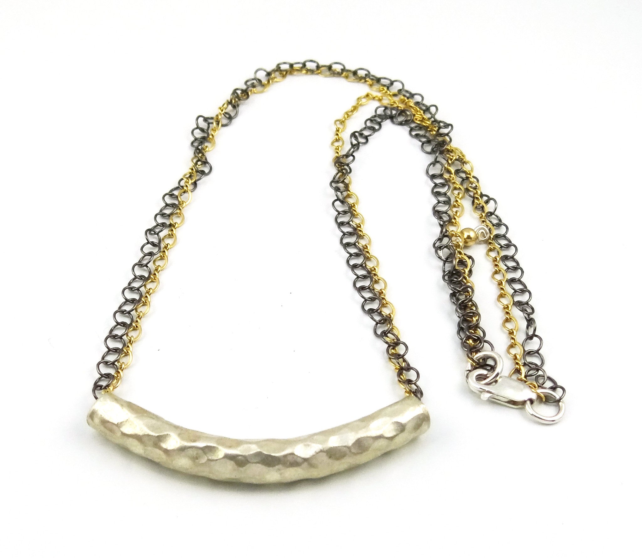 Mixed Metal Hammered Silver Tube Necklace