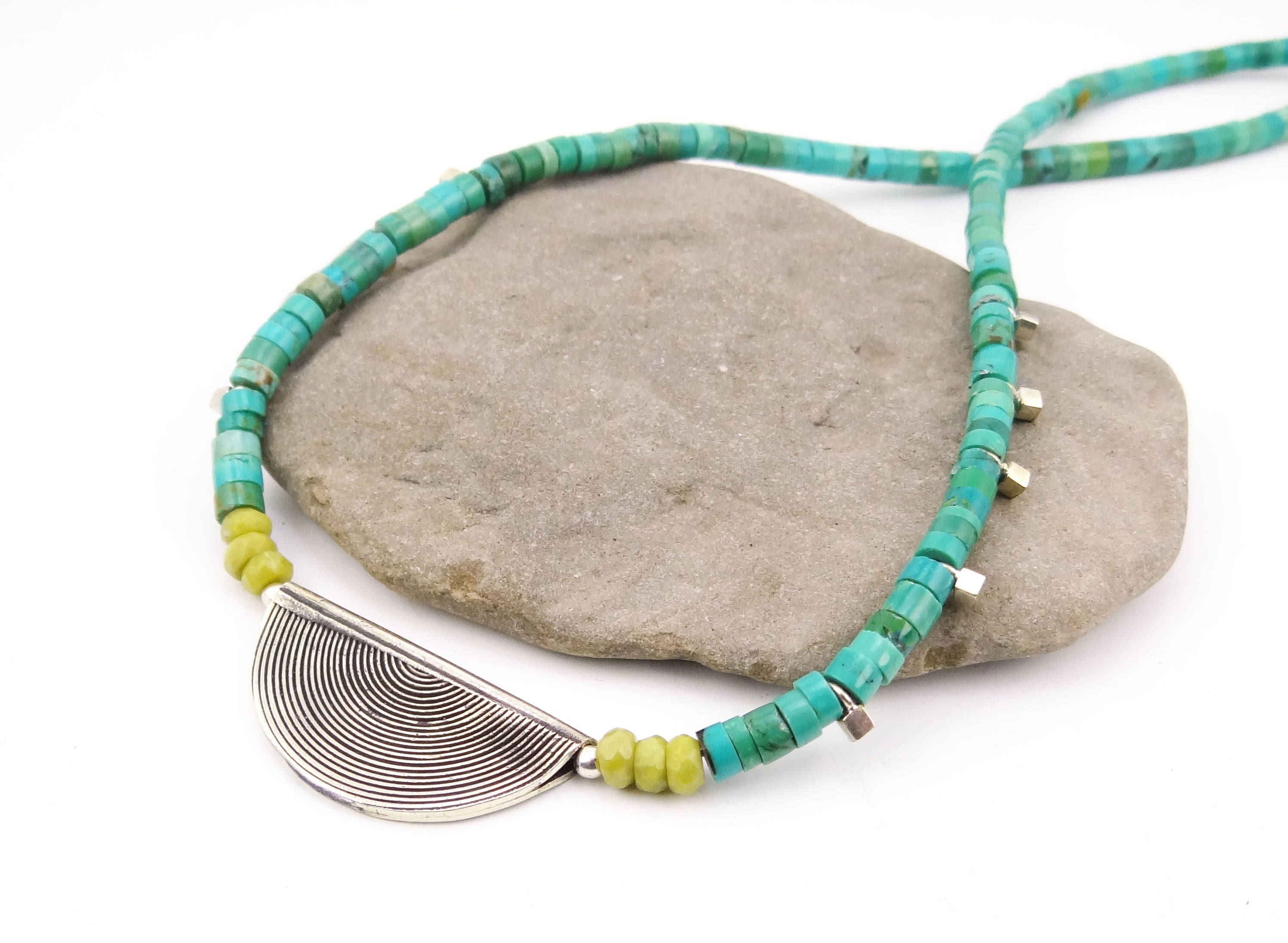 Turquoise, Jade, and Bali Silver Necklace