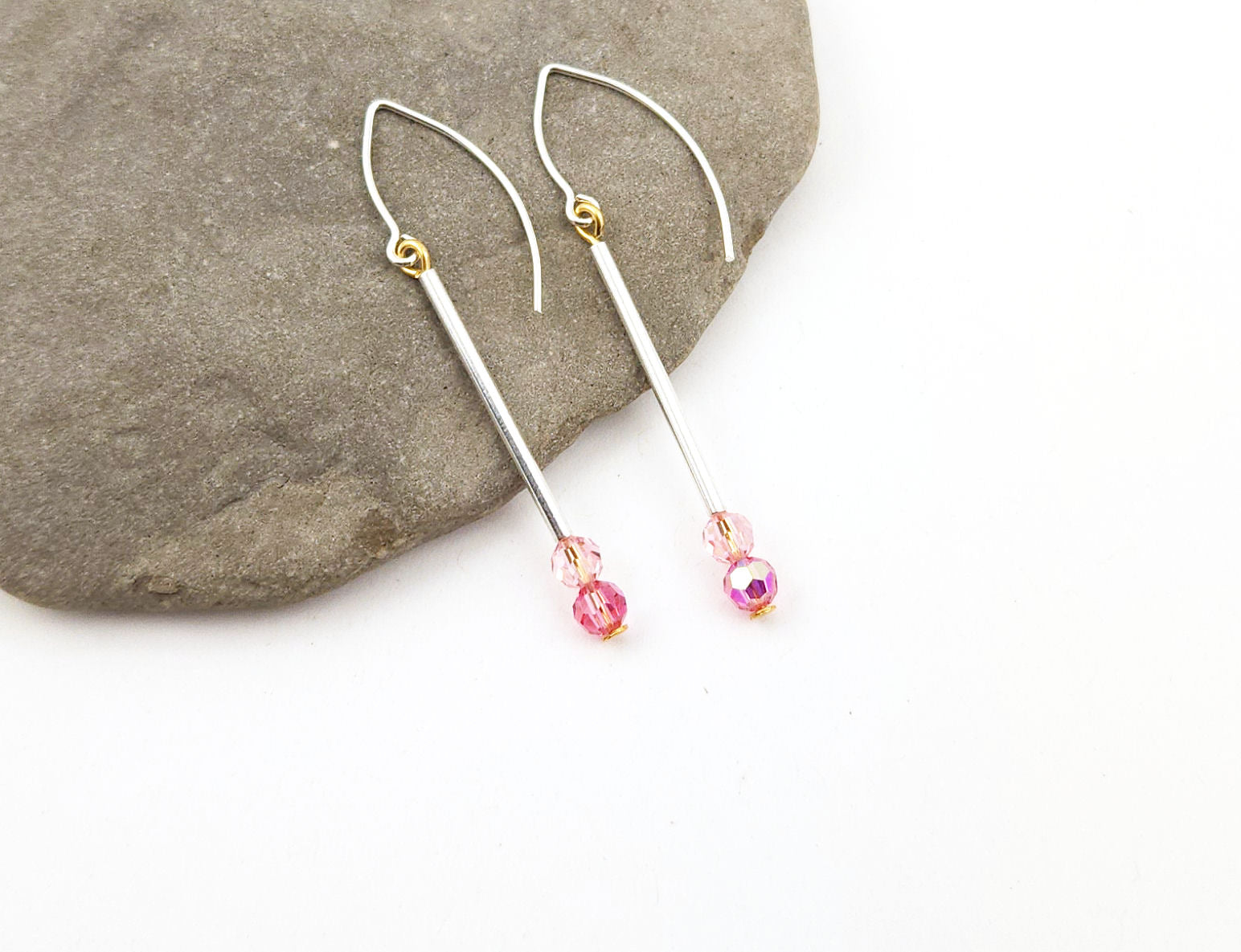 Minimalist Pink Crystal and Sterling Silver Dangle Earrings