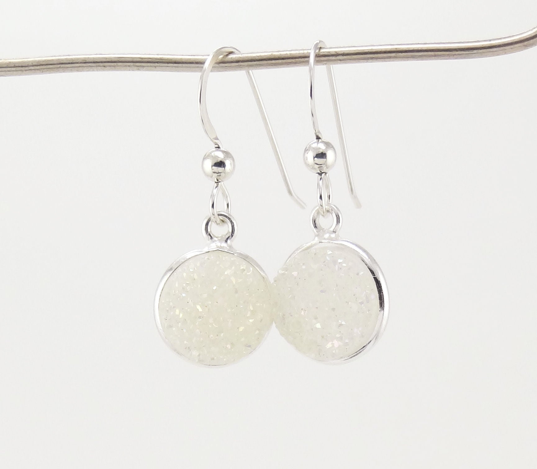 Round Druzy Earrings Iridescent Opal With Silver Trim