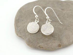 Round Druzy Earrings Iridescent Opal With Silver Trim